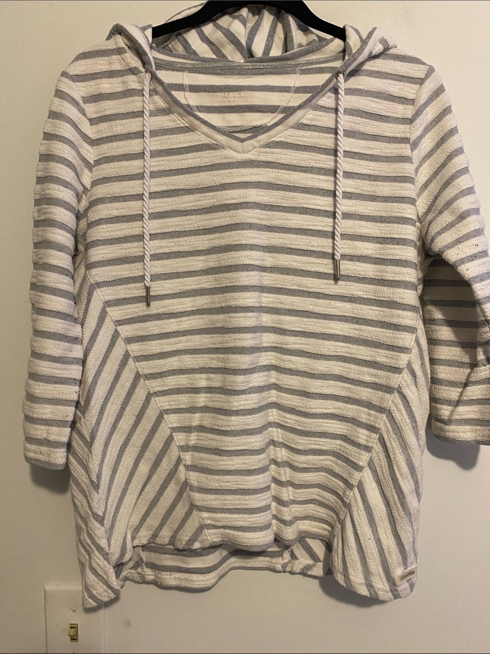 Calvin Klein Performance Striped V-Neck Hooded pullover in white & Light Gray